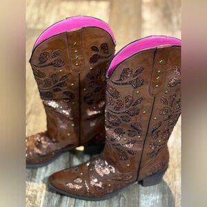 Southern Fried Chics Gone Country Glitter Western Boots - Brown- Size 9 Womens